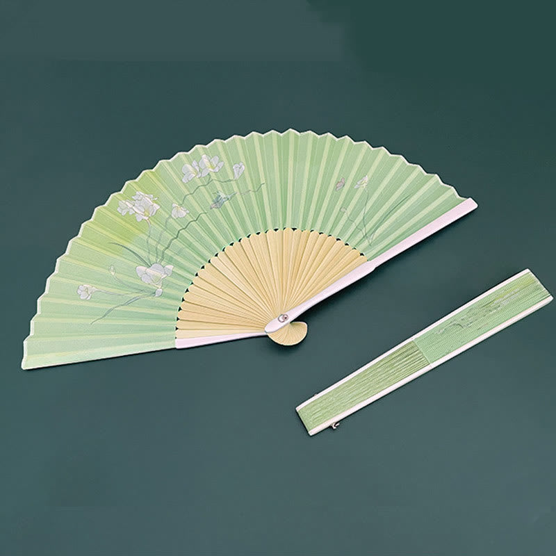 Buddhist Blessing Orchid Begonia Flower Handheld Cotton Linen Fabric Bamboo Folding Fan