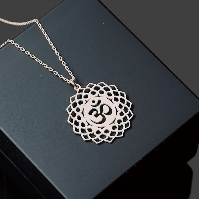 Buddhist Blessing Hollow Lotus Design Om Symbol Stainless Steel Connection Necklace Pendant