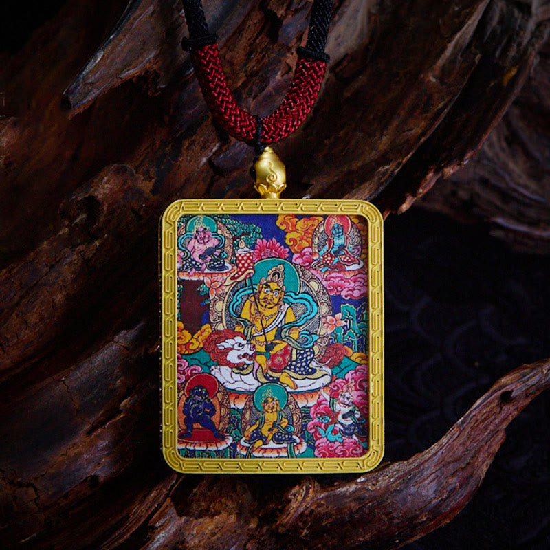 Buddhist Blessing Tibetan Zakiram Nine Tailed Fox Yellow God of Wealth Painted Thangka Hope Necklace Pendant