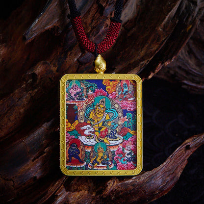 Buddhist Blessing Tibetan Zakiram Nine Tailed Fox Yellow God of Wealth Painted Thangka Hope Necklace Pendant