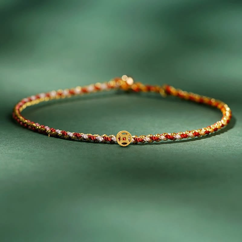 Buddhist Blessing Colorful Rope Luck Coin Bead Abundance Extra Thin Braided Bracelet
