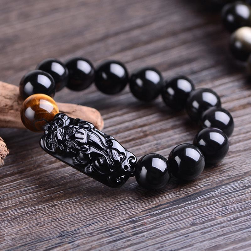 Buddhist Blessing Natural Black Obsidian PiXiu Tiger's Eye Strength Bracelet