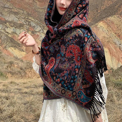 Buddhist Blessing Tibetan Cashew Flowers Leaves Vine Tassels Shawl Fall Winter Soft Cozy Scarf Wrap