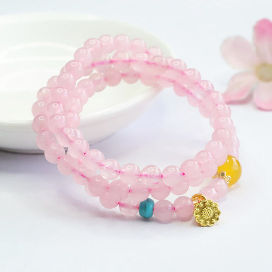 Buddhist Blessing Pink Crystal Multi-Circle Yellow Chalcedony Lotus Warmth Bracelet