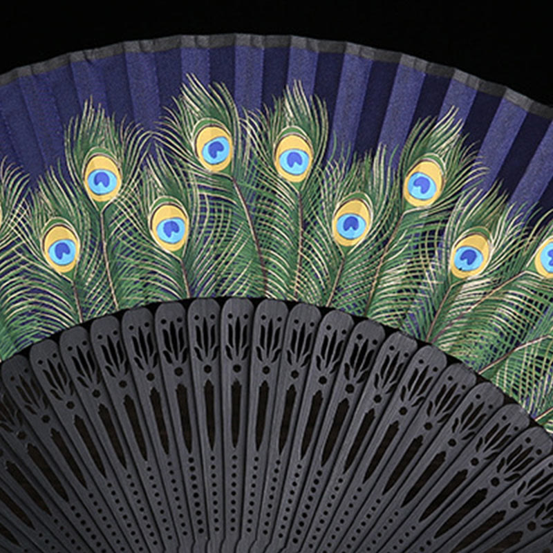 Buddhist Blessing Peacock Feather Handheld Bamboo Folding Fan 21.5cm