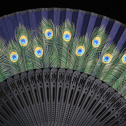 Buddhist Blessing Peacock Feather Handheld Bamboo Folding Fan 21.5cm