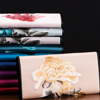 Buddhist Blessing Peony Flower Su Embroidery Journey Shopping Long Purse Handbag