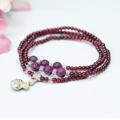 Buddhist Blessing Natural Garnet Elephant Abacus Lucky Bag PiXiu Protection Triple Wrap Bracelet