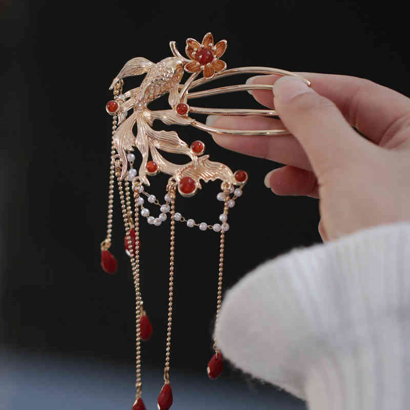 Buddhist Blessing Chinese Style Koi Fish Flower Tassel Red Agate Copper Gold Plated Hairpin Hair Comb
