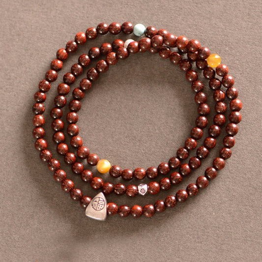 Buddhist Blessing 925 Sterling Silver Indian Small Leaf Red Sandalwood Fu Character Protection Triple Wrap Bracelet