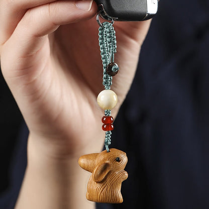 Buddhist Blessing Sandalwood Small Leaf Red Sandalwood Lucky Mini Rabbit Protection Key Chain Phone Hanging Decoration