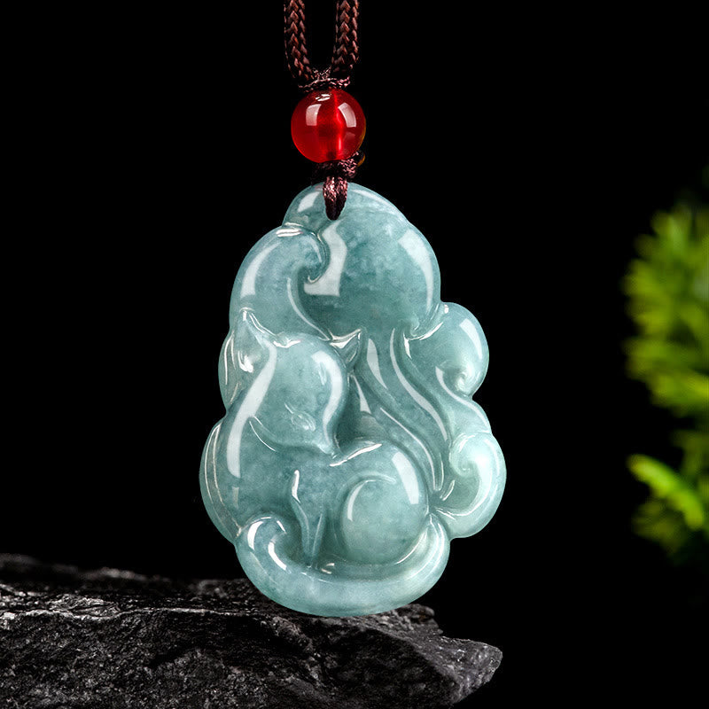 Buddhist Blessing Natural Green Jade Nine Tailed Fox Fairy Prosperity Necklace Pendant