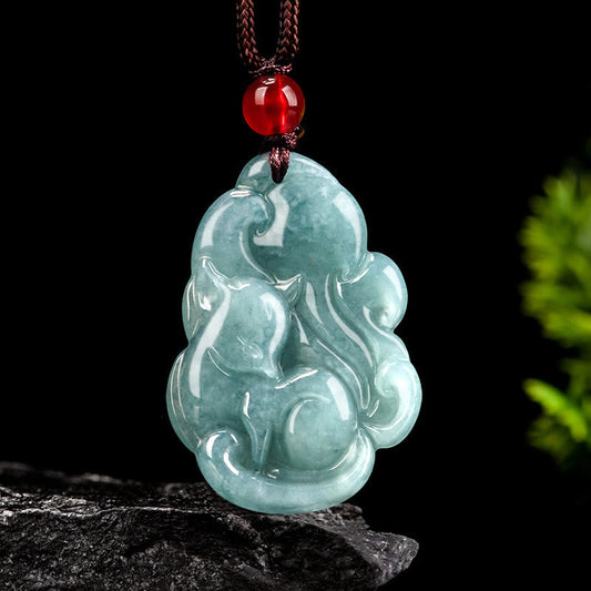 Buddhist Blessing Natural Green Jade Nine Tailed Fox Fairy Prosperity Necklace Pendant