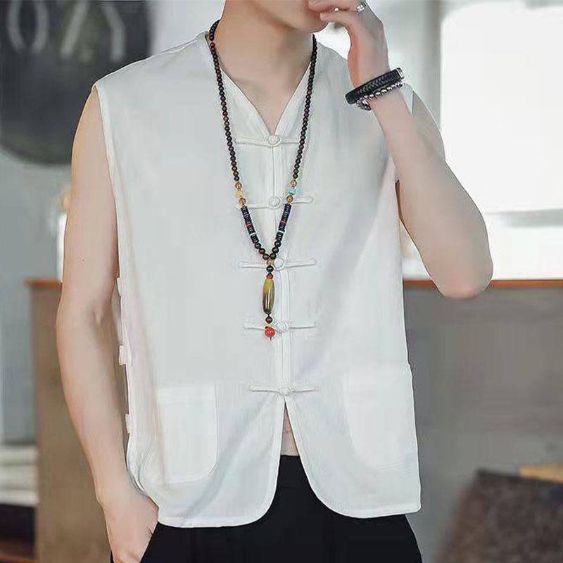 Buddhist Blessing Casual Chinese Frog-Button Men's Cotton Vest Waistcoat With Pockets