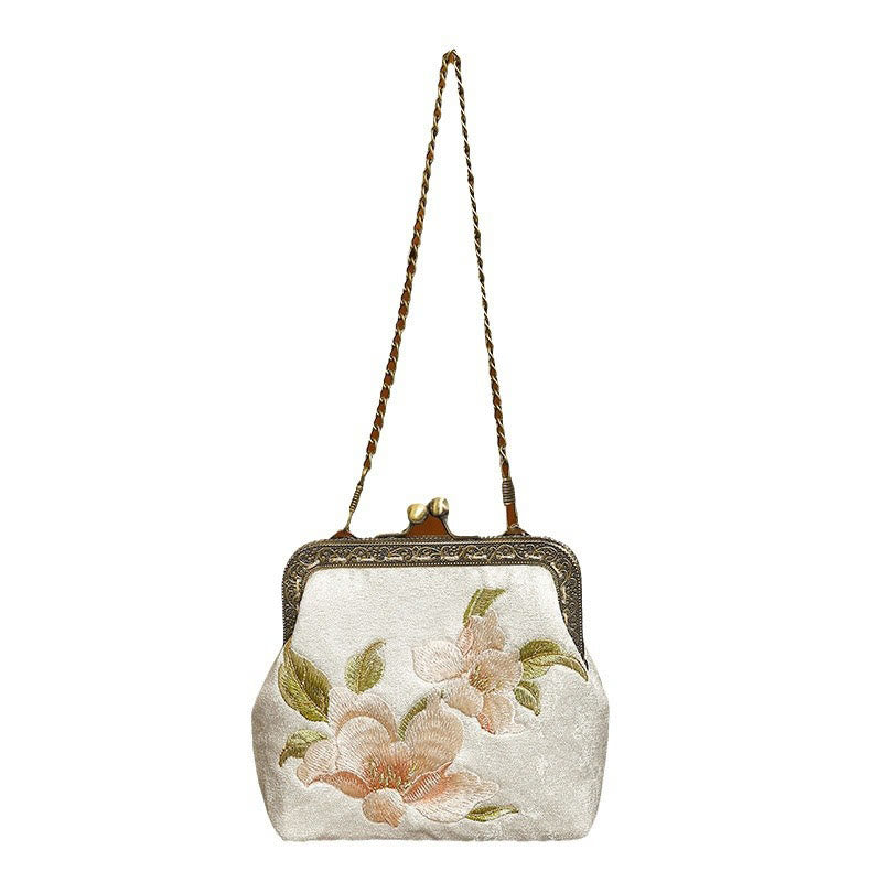 Buddhist Blessing Orchids Oriental Cherry Butterfly Embroidery Metal Handle Handbag