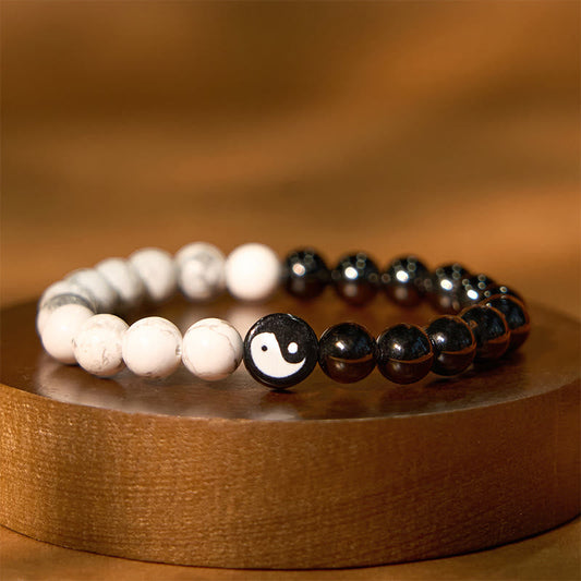 Buddhist Blessing Natural Obsidian White Turquoise Yinyang Tai Chi Strength Bracelet