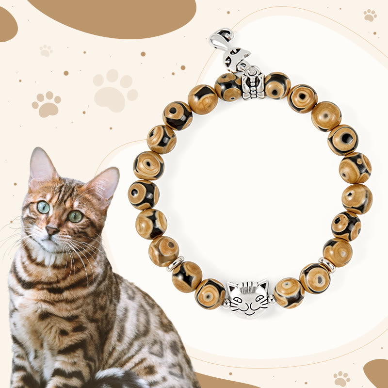 Buddhist Blessing Bengal Cat Natural Agate Stone Inner Strength Bracelet