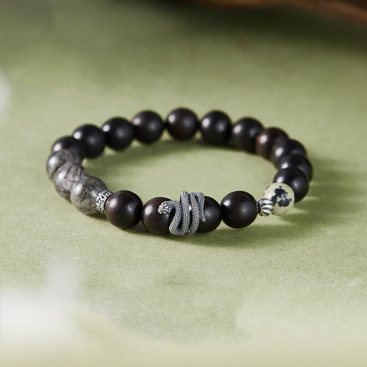 Buddhist Blessing Ebony Wood Black Rutilated Quartz 925 Sterling Silver Year Of The Snake Balance Bracelet