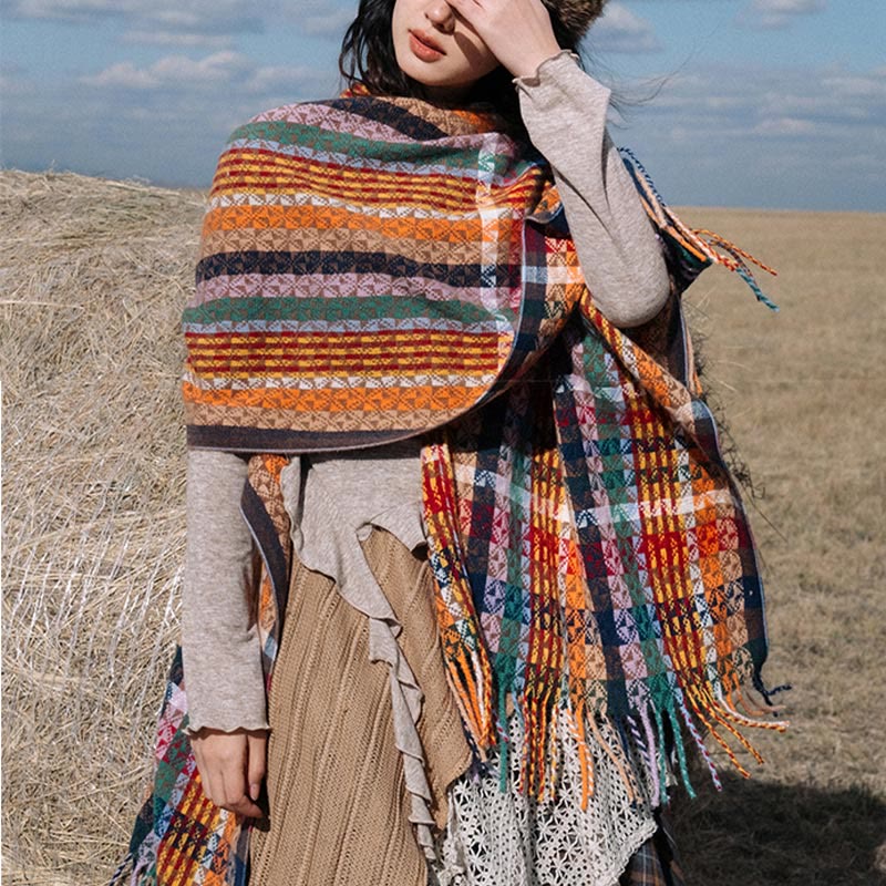 Buddhist Blessing Tibetan Colorful Stripe Geometry Tassels Shawl Fall Winter Soft Scarf Wrap