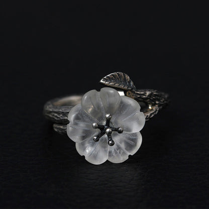 Buddhist Blessing 925 Sterling Silver White Crystal Skeleton Flower Adjustable Healing Ring