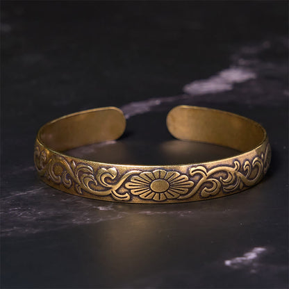 Buddhist Blessing Daisy Flower Vine Copper Brass Luck Self Care Cuff Bracelet Bangle