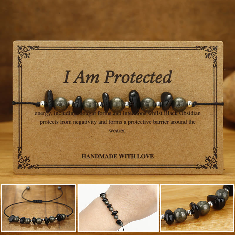Buddhist Blessing I Am Protected Iron Pyrite Black Obsidian Fulfillment Bracelet