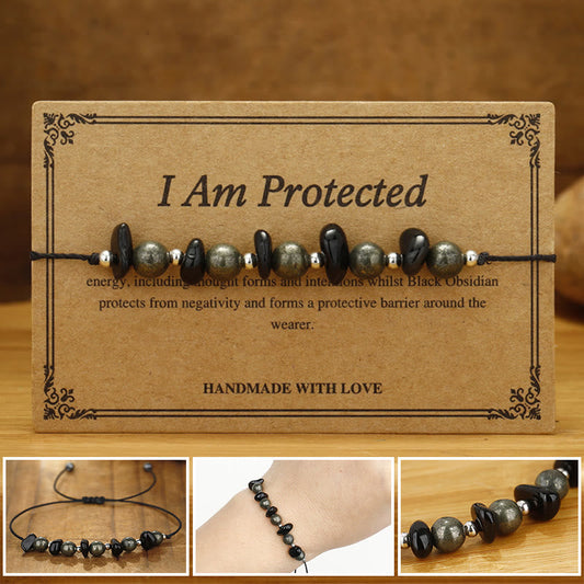 Buddhist Blessing I Am Protected Iron Pyrite Black Obsidian Fulfillment Bracelet