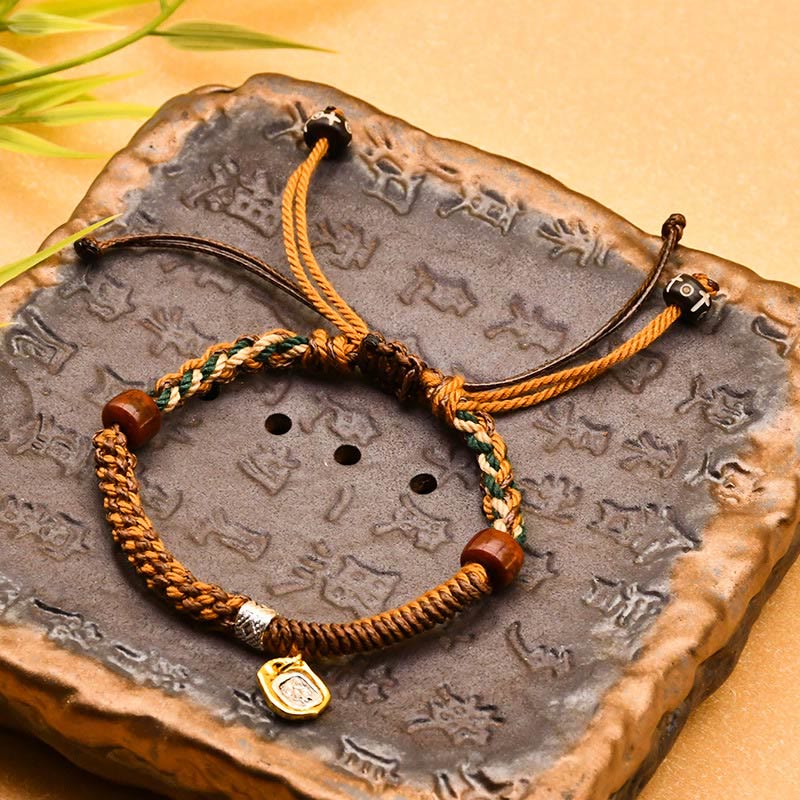 Buddhist Blessing Handmade Tibetan Zakiram Goddess Of Wealth Wood Protection Braided Bracelet