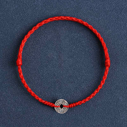 Buddhist Blessing 925 Sterling Silver Five Emperor Coins Red String Protection Luck Braided Bracelet Anklet