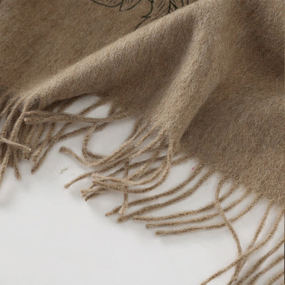 Buddhist Blessing Wool Shawl Red Peony Embroidery Tassel Winter Cozy Travel Scarf Wrap