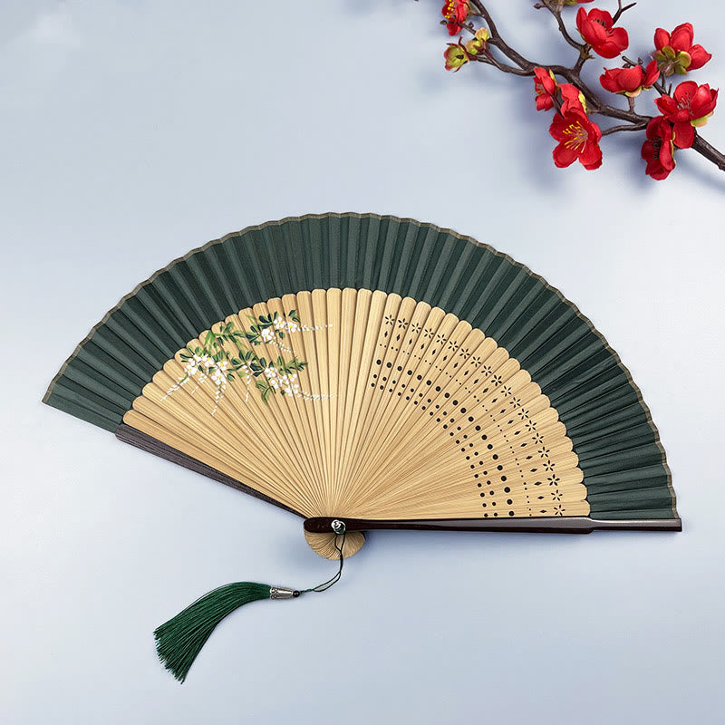 Buddhist Blessing Flower Rabbit Spray Painting Handheld Cotton Linen Fabric Bamboo Folding Fan