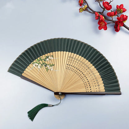 Buddhist Blessing Flower Rabbit Spray Painting Handheld Cotton Linen Fabric Bamboo Folding Fan