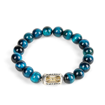 Buddhist Blessing Natural Blue Tiger Eye Om Mani Padme Hum Strength Bracelet