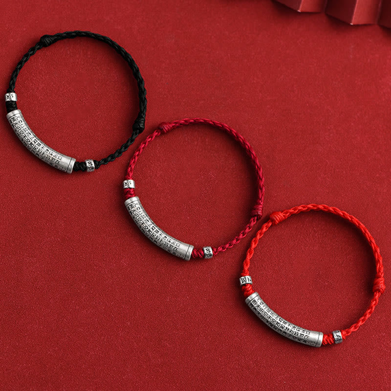 Buddhist Blessing Handmade 999 Sterling Silver Om Mani Padme Hum Heart Sutra Carved Luck Rope Bracelet Anklet