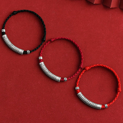 Buddhist Blessing Handmade 999 Sterling Silver Om Mani Padme Hum Heart Sutra Carved Luck Rope Bracelet Anklet