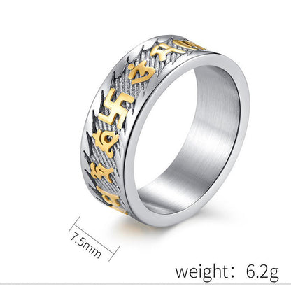 Buddhist Blessing Six True Words Om Mani Padme Hum Swastika Titanium Steel Peace Ring
