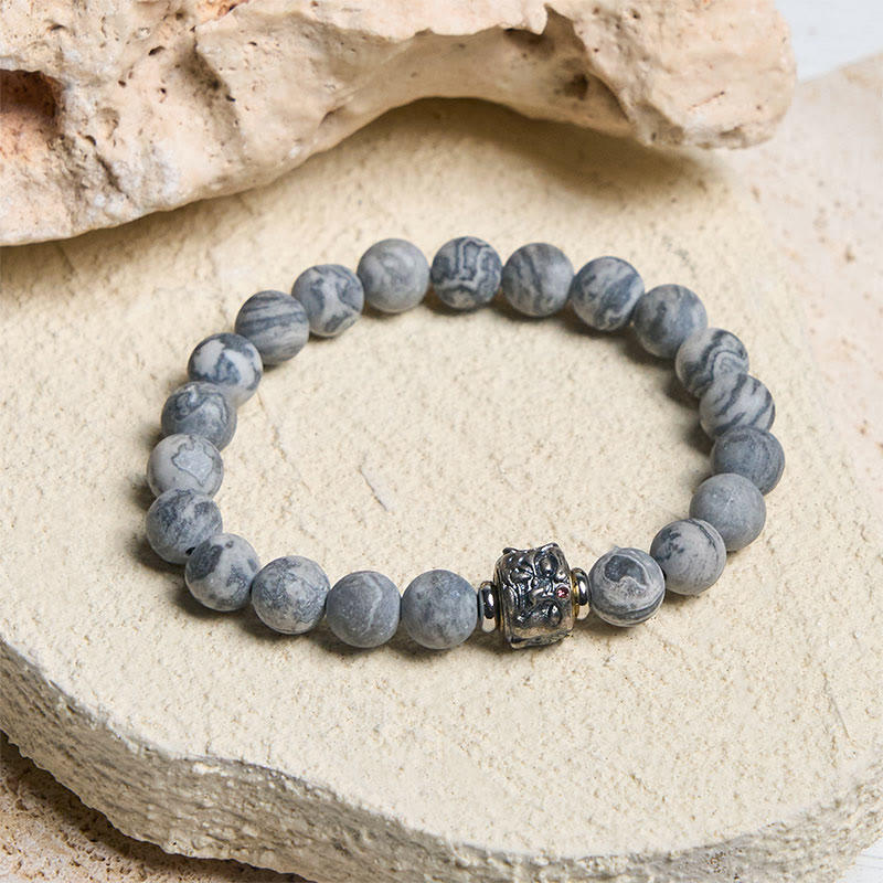 Buddhist Blessing Natural Frosted Grey Jasper Buddha Face Healing Protection Bracelet