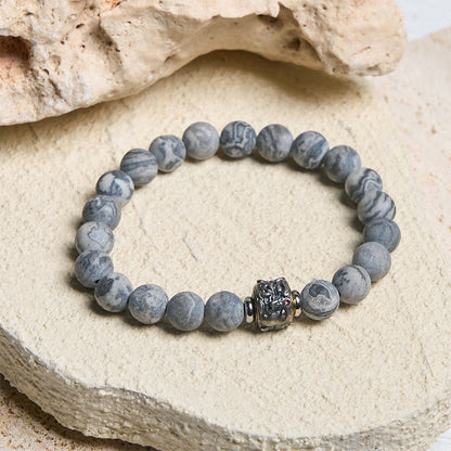 Buddhist Blessing Natural Frosted Grey Jasper Buddha Face Healing Protection Bracelet