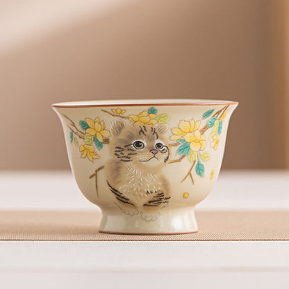 Buddhist Blessing Cute Cat Yellow Flowers Rabbit Teacup Kung Fu Tea Cup
