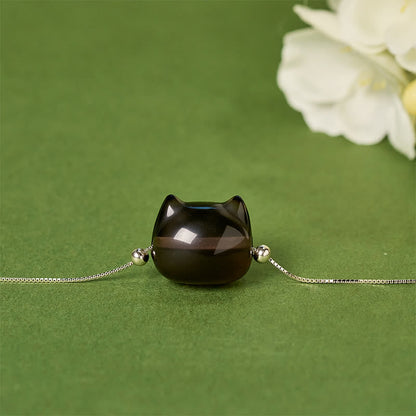 Buddhist Blessing 925 Sterling Silver Cat Natural Ice Obsidian Positive Bracelet