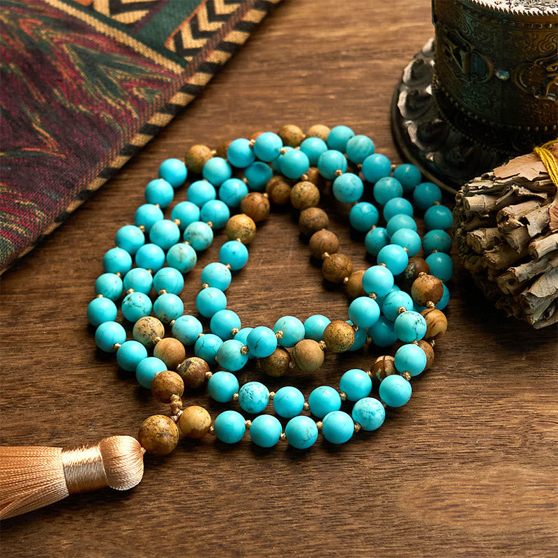 Buddhist Blessing 108 Mala Beads Turquoise Picture Jasper Bead Tassel Balance Bracelet