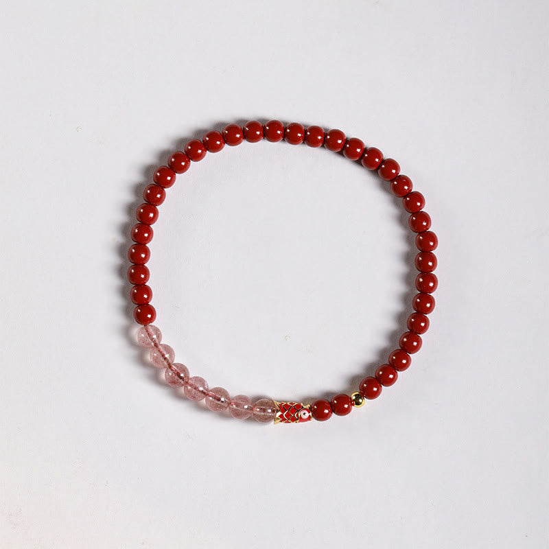 Buddhist Blessing Natural Cinnabar Pink Crystal Strawberry Quartz Lucky Koi Fish Blessing Bracelet