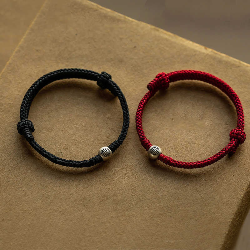 Buddhist Blessing Handmade String 925 Sterling Silver Fu Bead Braided Fortune Bracelet