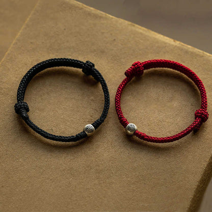 Buddhist Blessing Handmade String 925 Sterling Silver Fu Bead Braided Fortune Bracelet