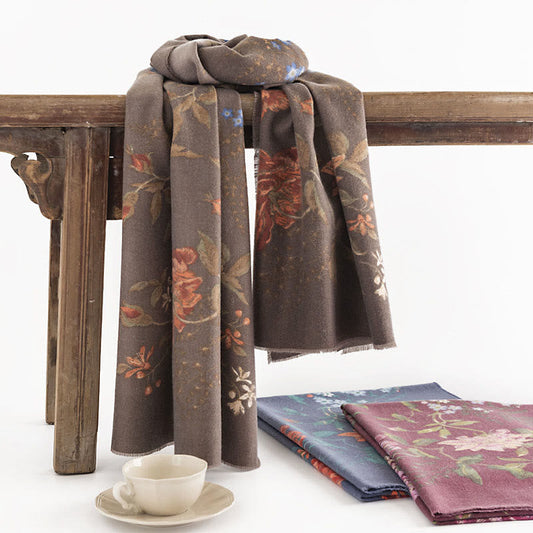 Buddhist Blessing Tibetan Multiflora Rose Print Pattern Design Shawl Fall Winter Cozy Warm Scarf Wrap