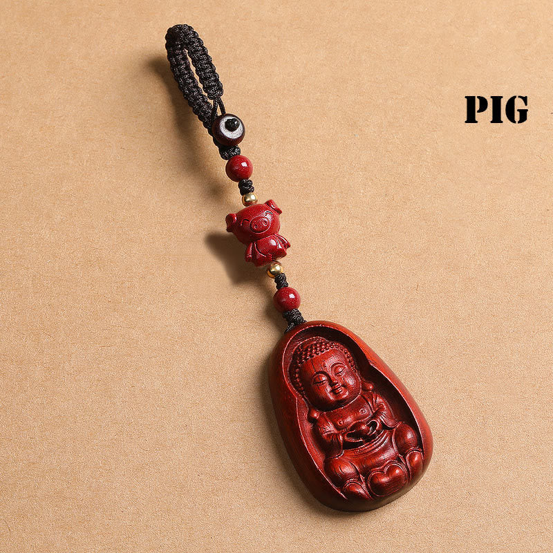 Buddhist Blessing Small Leaf Red Sandalwood Buddha Cinnabar Chinese Zodiac Amulet Protection Key Chain