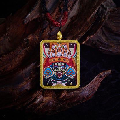 Buddhist Blessing Tibetan Zakiram Nine Tailed Fox Yellow God of Wealth Painted Thangka Hope Necklace Pendant