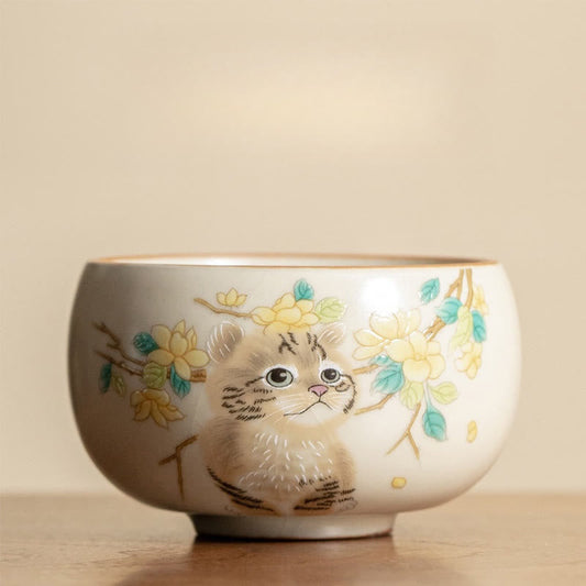 Buddhist Blessing Cute Cat Yellow Flowers Rabbit Teacup Kung Fu Tea Cup