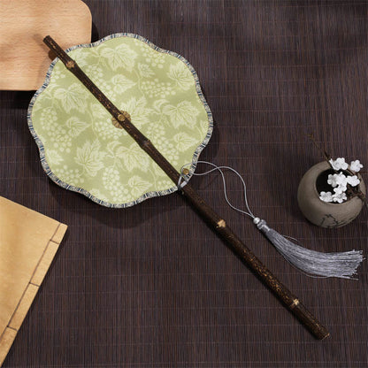 Buddhist Blessing Handmade Cherry Bamboo Leaf Grape Pattern Long Purple Bamboo Handle Portable Curlable Fan