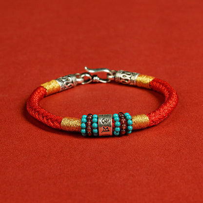 Buddhist Blessing Red String Black String Six True Words 925 Sterling Silver Connection Bracelet